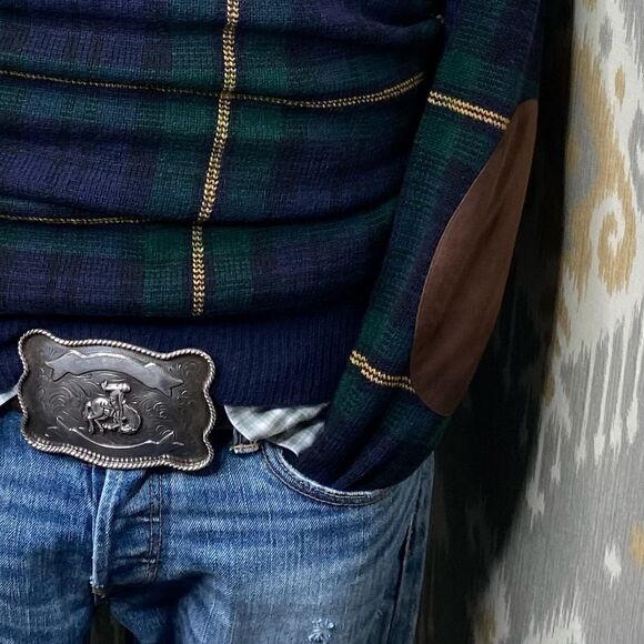 Polo Ralph Lauren Tartan Plaid Merino Wool & Suede Crewneck Sweater - Picture 4 of 16